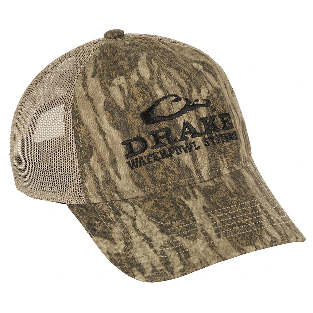 Drake Waterfowl Logo Mesh Back Camo Cap Mossy Oak Bottomland