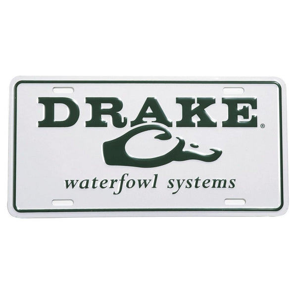 Drake Waterfowl Script Logo License Plate White